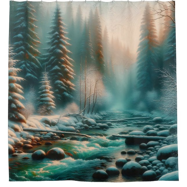 "Serene Winter River Scene" Duschvorhang (Vorderseite)