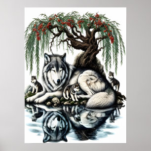 Serene Wolf Familienaase in idyllischer Natur18x24 Poster