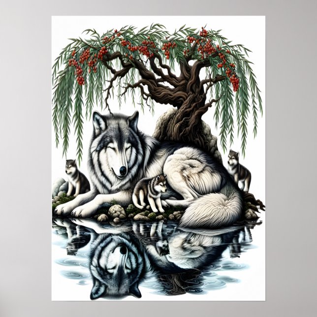 Serene Wolf Familienaase in idyllischer Natur18x24 Poster (Vorne)