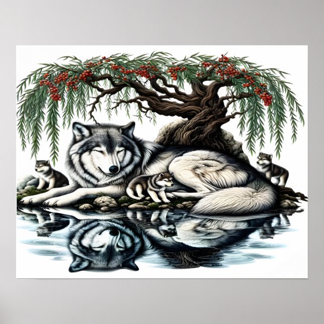 Serene Wolf Familienaase in idyllischer Natur20x16 Poster (Vorne)
