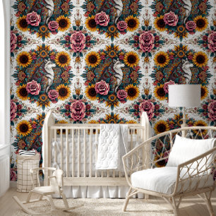 Serene Wolf & Sonnenblumen Rose Elegante Tapete