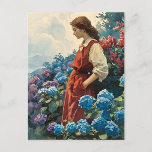 Serene Woman Amidst Colorful Hydrangeas Vintag Postkarte