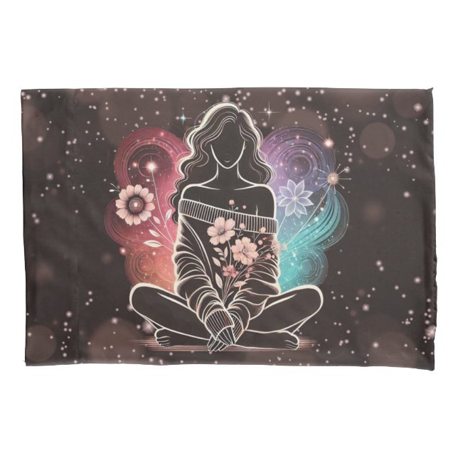 Serene Woman in einem kosmischen Blumentraum Kissenbezug (Vorderseite-Links)