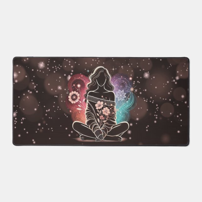 Serene Woman in einem kosmischen Blumentraum Schreibtischunterlage (Vorderseite)