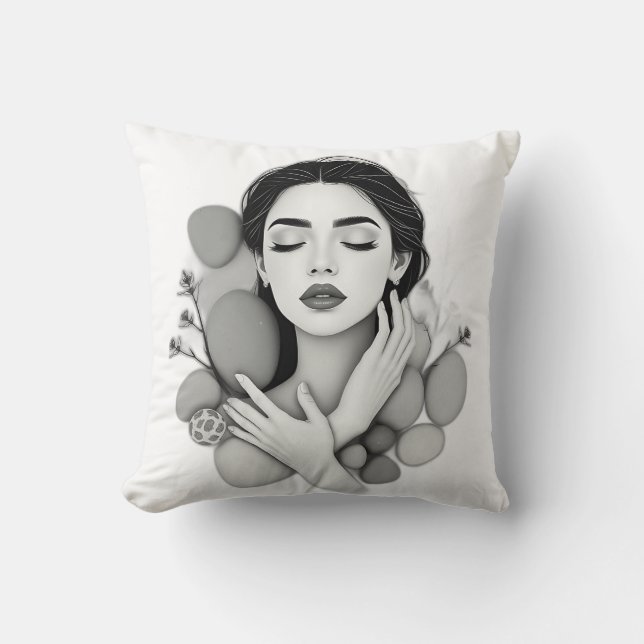 Serene Woman mit Steinen und Pflanze Kissen (Vorderseite)