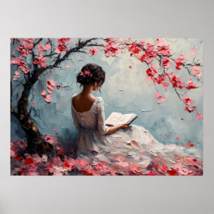 Serene Woman Reading under Kirschblüten Poster