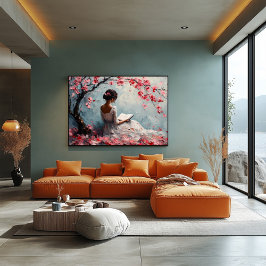Serene Woman Reading under Kirschblüten Poster