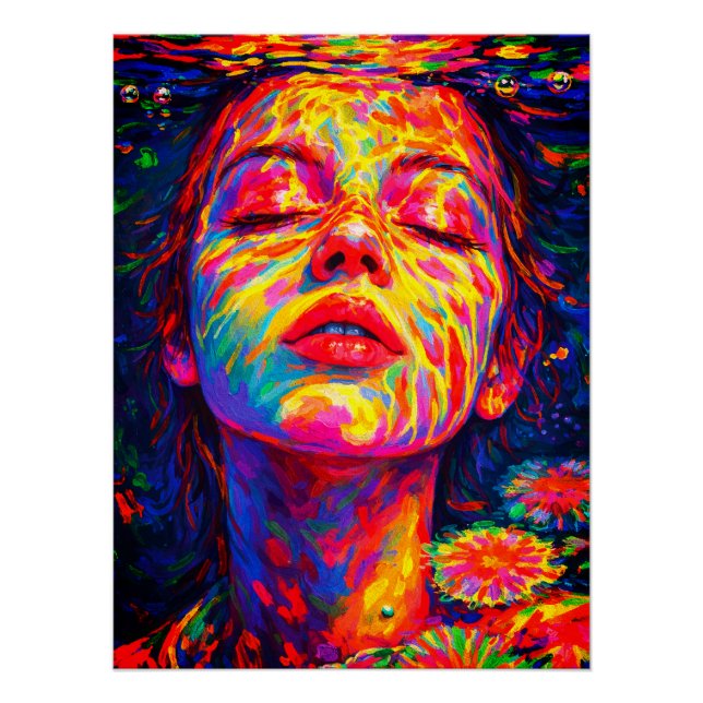 Serene Woman Underwater Rainbow Colors Impasto Poster (Vorderseite)