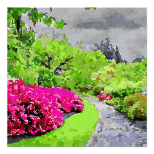 Serengegartenweg mit lebhaften rosa Blume Poster