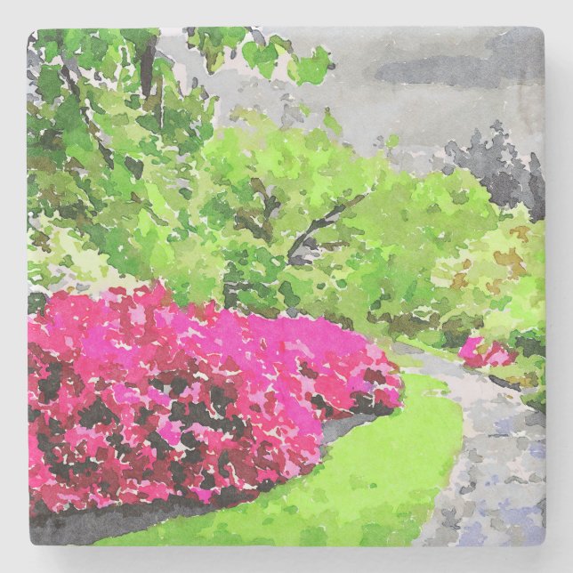 Serengegartenweg mit lebhaften rosa Blume Steinuntersetzer (Vorderseite)