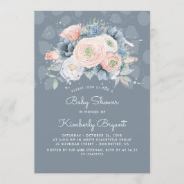 Serenity Blue Peach and Rose Floral Baby Dusche Einladung