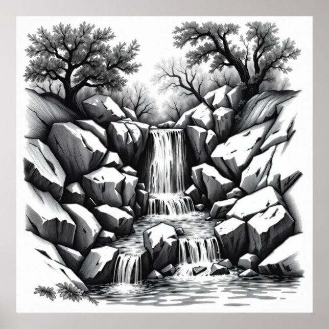 Serenity Falls: Wasserfall Wasserfall Holzkohle Ar Poster (Vorne)