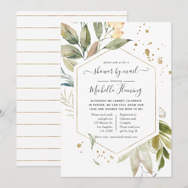 Serenity Greenery Geometric Baby Shower by Mail Einladung (Vorne/Hinten)