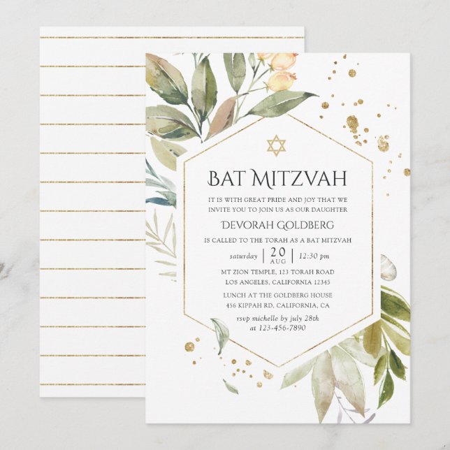Serenity Greenery Geometric Bat Mitzvah Einladung (Vorne/Hinten)