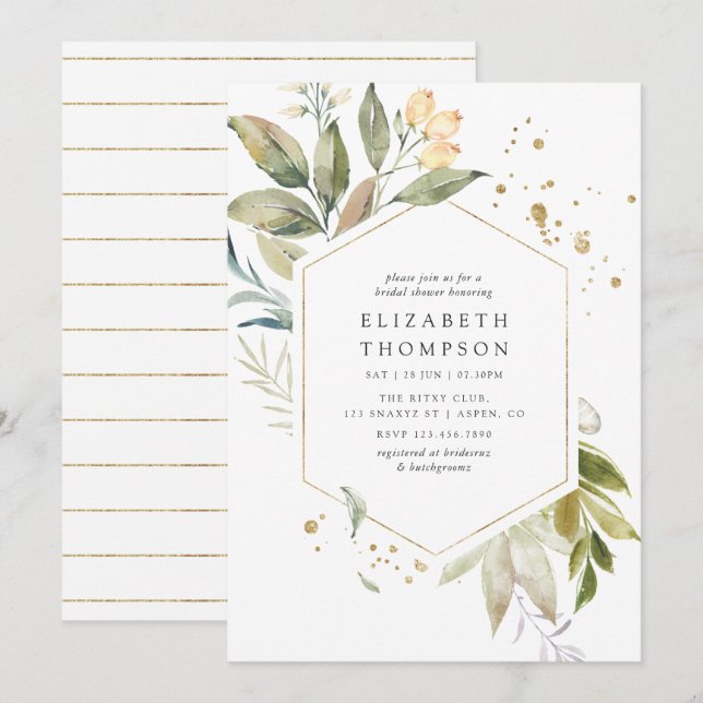 Serenity Greenery Geometric Brautparty Einladung (Vorne/Hinten)