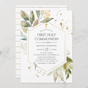 Serenity Greenery Geometric First Communion Einladung