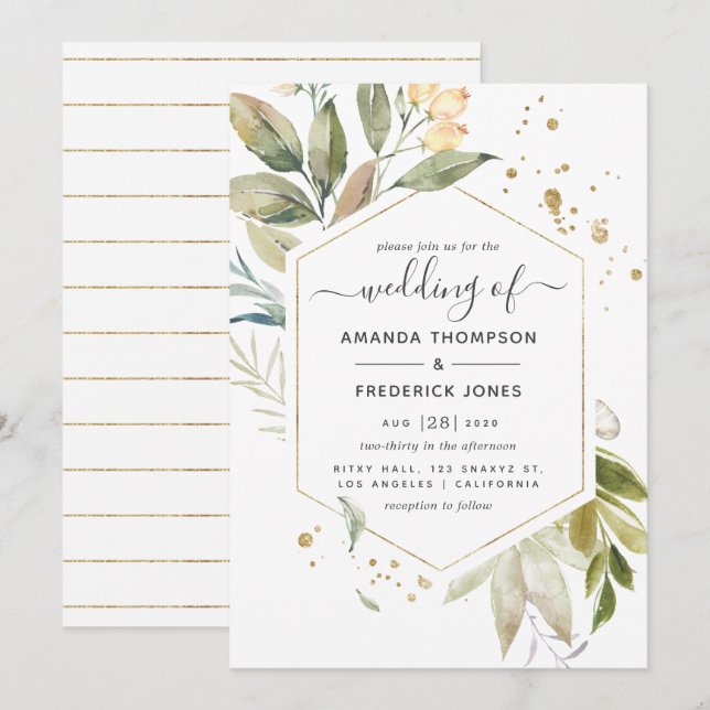 Serenity Greenery Geometric Wedding Einladung (Vorne/Hinten)