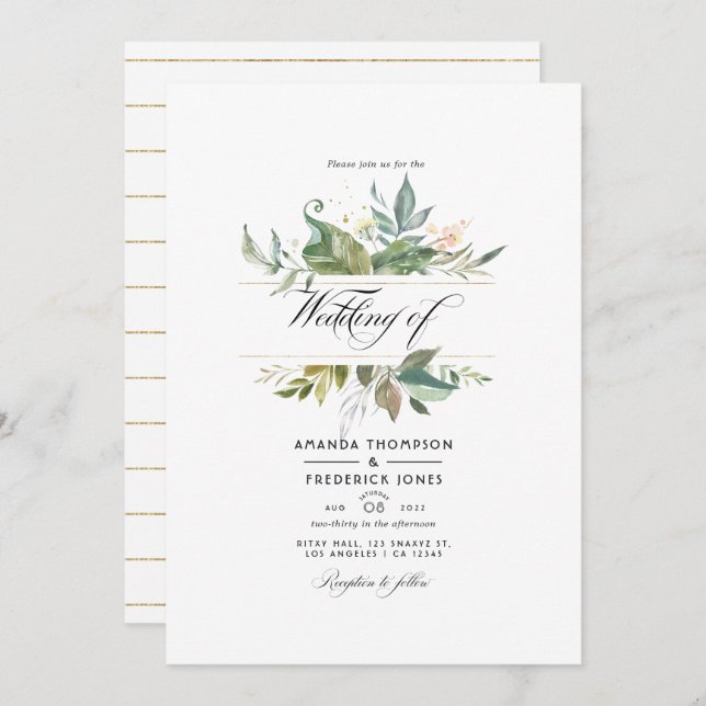 Serenity Greenery Geometric Wedding Foto Einladung (Vorne/Hinten)