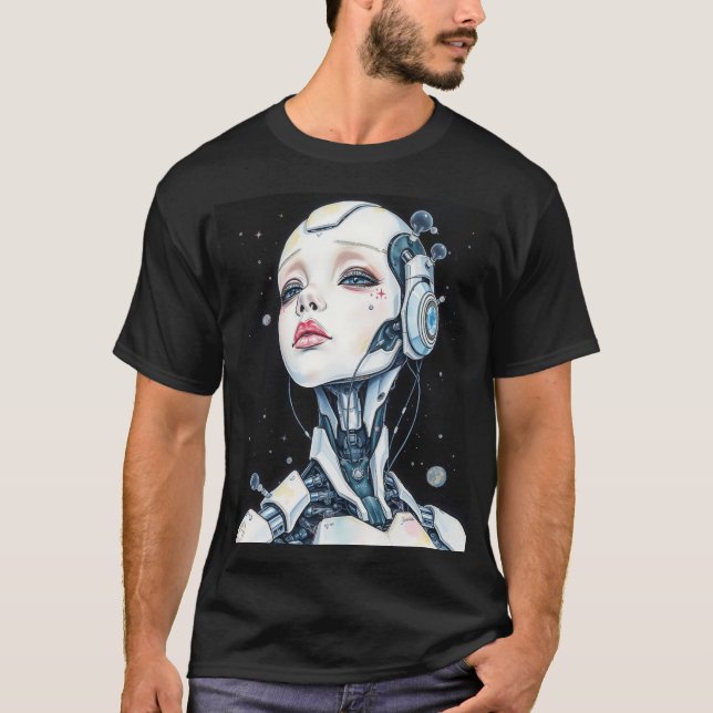 Serenity in Chrome: A Syd Mead-Inspired Portrait T-Shirt (Vorderseite)