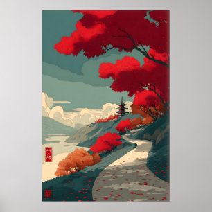 Serenity in Red Wandkunst - Herbstweg mit Pagode Poster