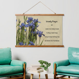 Serenity Prayer Blue Irises Floral Wandteppich Mit Holzrahmen