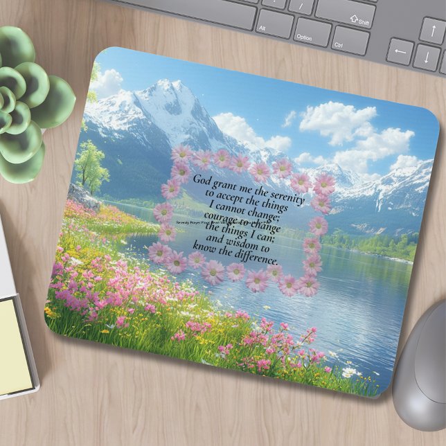 Serenity Prayer Floral Heart With Mountain View Mousepad (Mountain View With Wildflowers Serenity Prayer Mouse Pad.)