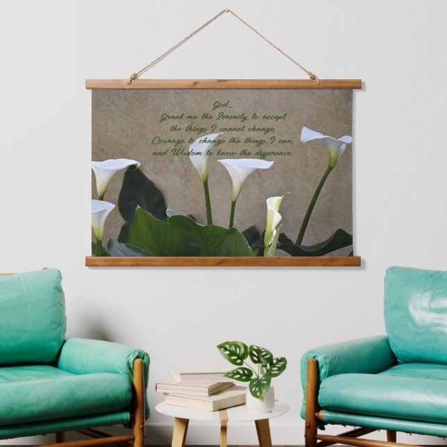 Serenity Prayer White Calla Lilies Floral Wandteppich Mit Holzrahmen (Wohnzimmer)