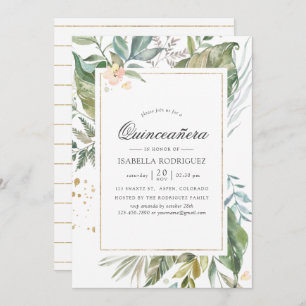 Serenity Watercolor Greenery Geometric Quinceañera Einladung