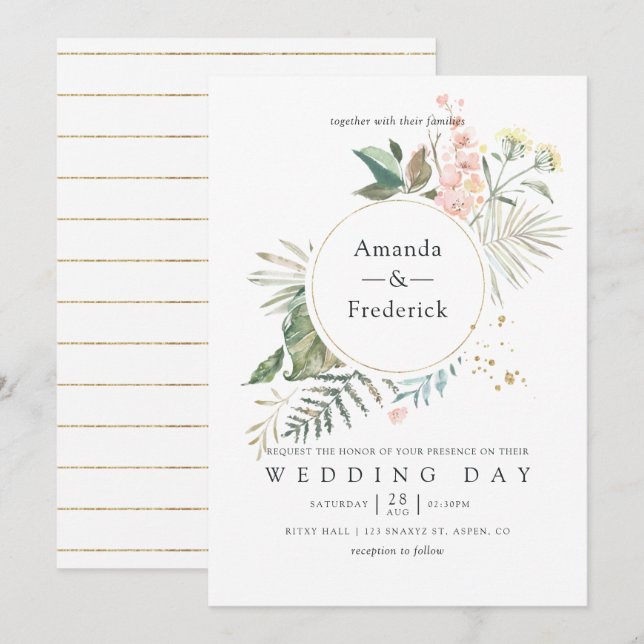 Serenity Watercolor Greenery Geometric Wedding Einladung (Vorne/Hinten)