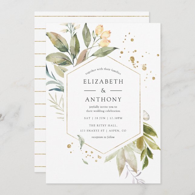 Serenity Watercolor Greenery Geometric Wedding Einladung (Vorne/Hinten)