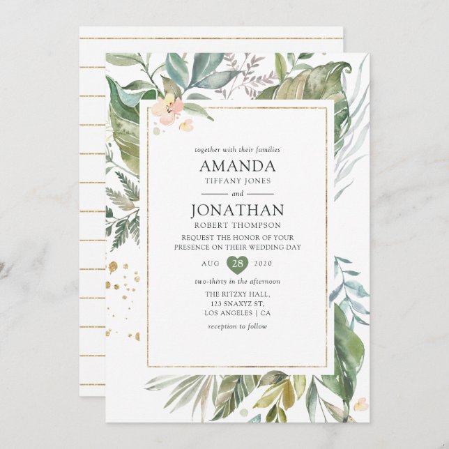 Serenity Watercolor Greenery Geometric Wedding Einladung (Vorne/Hinten)