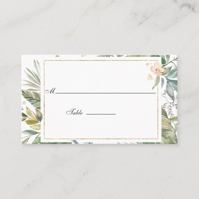 Serenity Watercolor Greenery Geometric Wedding Platzkarte (Vorderseite)