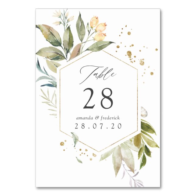 Serenity Watercolor Greenery Geometric Wedding Tischnummer (Vorderseite)