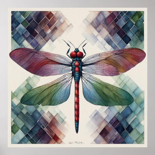 Serenity's Flight: Geometrische Elegance Dragonfly Poster (Vorne)