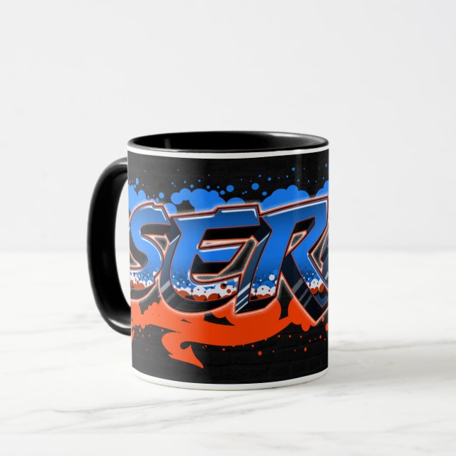 Serge Vorname Name Graffiti blue orange Tasse (Vorderseite Links)