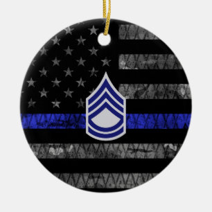 Sergeant First Class Thin Blue Line Distressed Fla Keramik Ornament