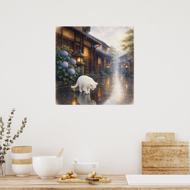 series_2_9｜Square Puddle Reflection White Cat Art Poster (Küche)