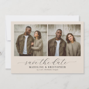 Seriöse Beige-Minimalist-Foto-Collage Save The Date