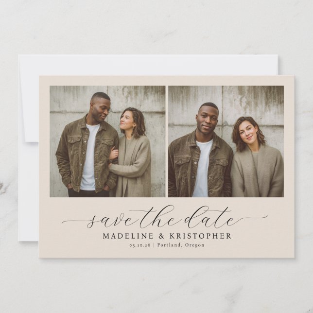 Seriöse Beige-Minimalist-Foto-Collage Save The Date (Vorderseite)