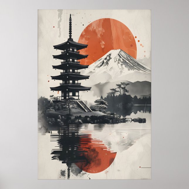 Seriöser Japandi-inspirierter Collage-Kunstprint m Poster (Vorne)