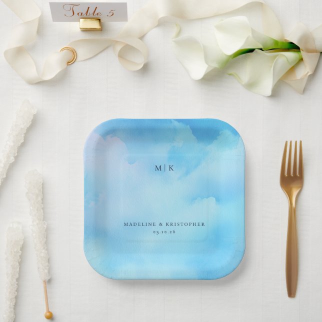 Seriöser Wasserfarbenhimmel in Blau Pappteller (Hochzeit)