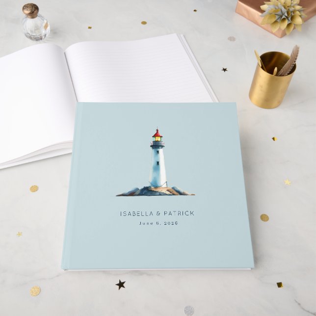 Seriöses blaues Wasserfarben-Leuchtturm Gästebuch (Vorderseite offen)