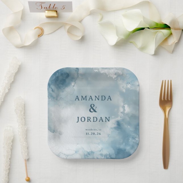 Seriöses Blaut-Wasserfarben-Design Pappteller (Hochzeit)