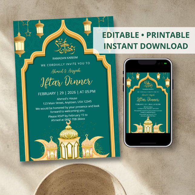 Seriöses Hellblau-Gold-Geometrisches Iftar-Abendes Einladung (Von Creator hochgeladen)