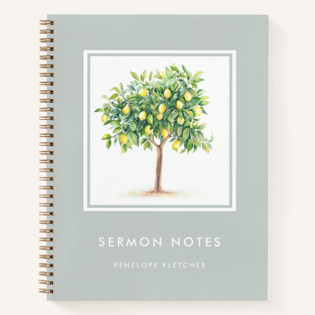 Sermon Notes Watercolor Lemon Tree Sage Green Notizbuch (Vorderseite)