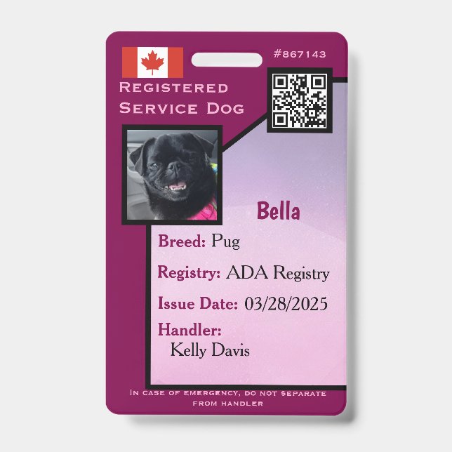 Service Dog ID Card lila vertikales Abzeichen Ausweis (Vorderseite)