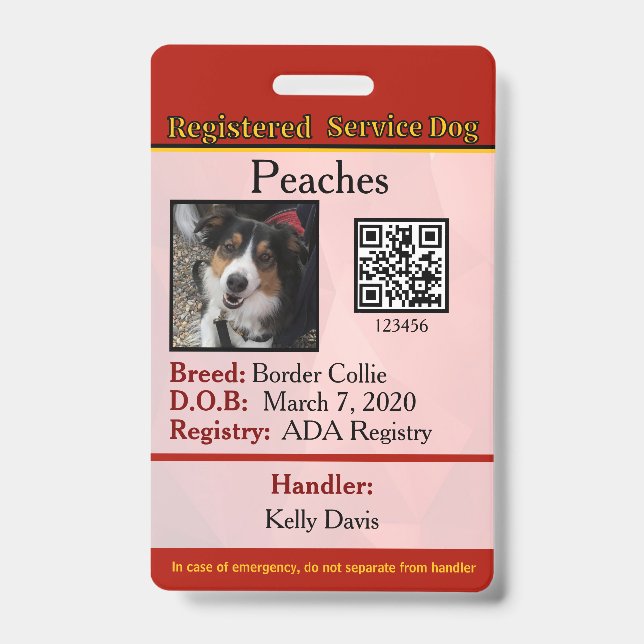 Service Dog Kanada vertikales Abzeichen Ausweis (Vorderseite)