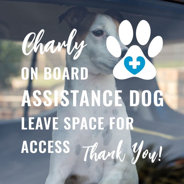 Service-Hund an Bord Cyan Blue Medical Logo Car Fensteraufkleber ("Assistance Dog on Board" car window decal for service dog owners with modern cyan blue medical logo)