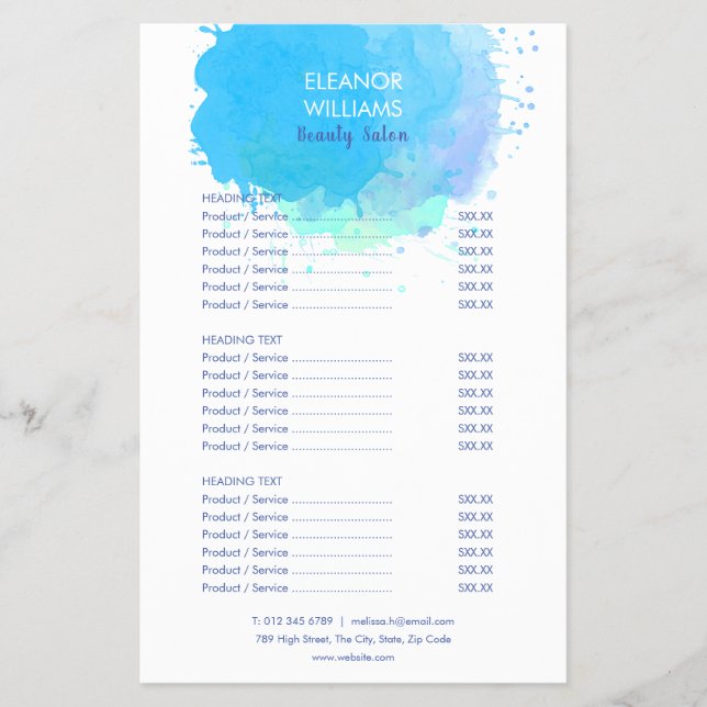 Service-Menü "Blue Watercolor Splash Salon" Flyer (Vorne)