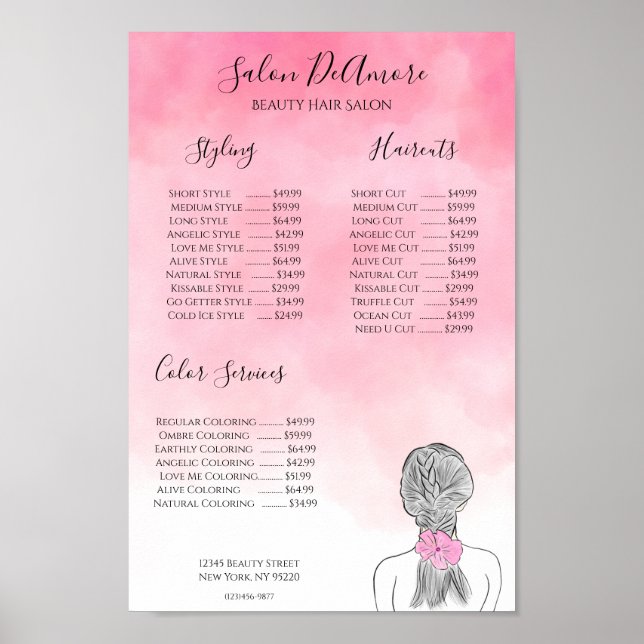 Service Menu Girl mit Braid Pink Wasserfarbe Poster (Vorne)